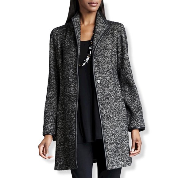 ⚜️ EILEEN FISHER ⚜️ sz L black tweed & leather lighter coat jacket transitional - Picture 2 of 11